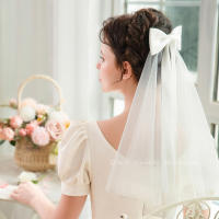 Velo De Novia Corto Elegante De Satén Con Lazo Y Tules Suaves De Dos Capas Con Peine Para Mujeres Vestido De Novia - details 4