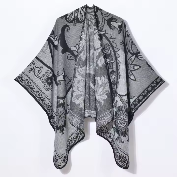 Capa de abrigo estilo chal con abertura en jacquard estilo retro para mujer, nueva llegada de otoño e invierno - 1