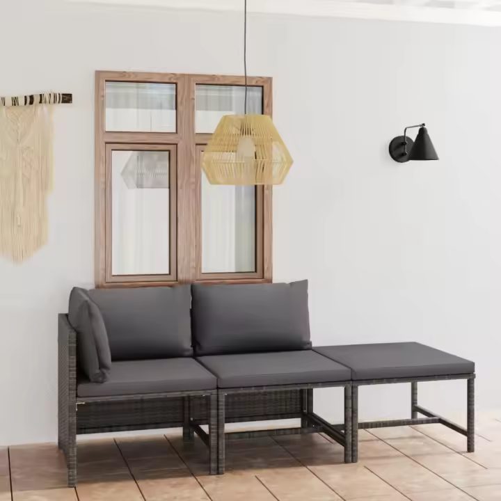 vidaXL Set de muebles de jardín 3 pzas y cojines ratán sintético gris - 1