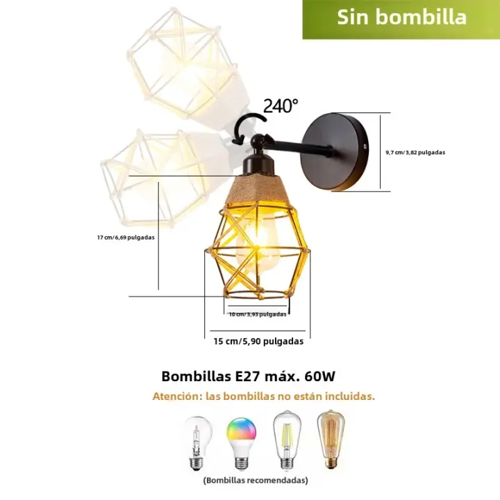 Lámpara De Pared Con Base E27 De Hemp Tejido Y Hierro Para Sala De Estar Dormitorio Sin Bombilla Incluida Color Negro - 1