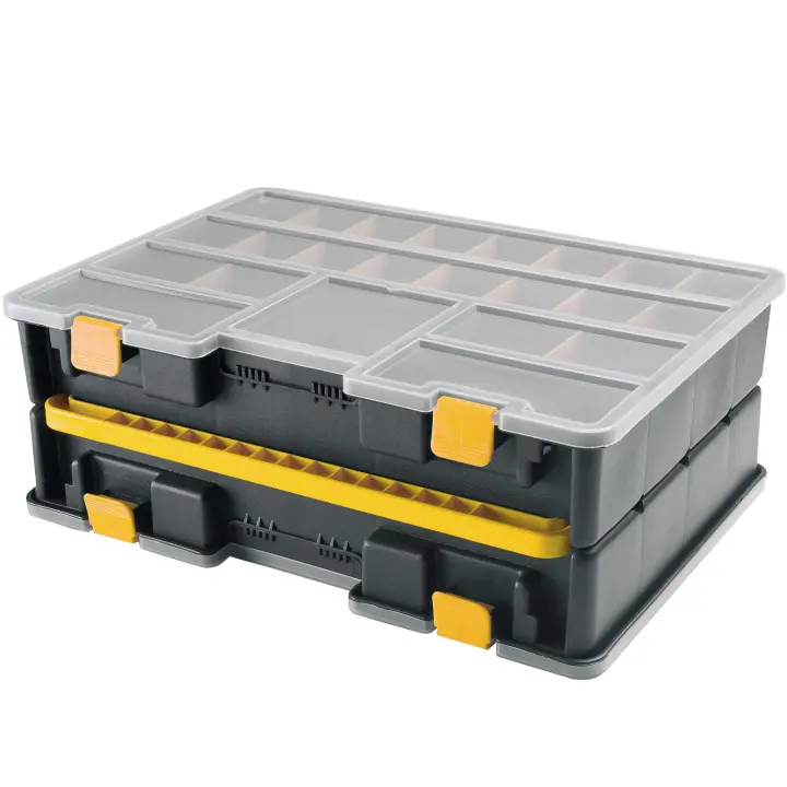 Organizador de plástico doble L 443 x P 317 x H 160 mm con separadores extraíbles, tapa transparente - 1