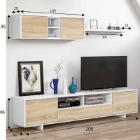 Meimon Conjunto de salón BELUS en Blanco Brillo y Roble Canadian con mueble TV de 3 puertas, módulo superior de 2 puertas y estante de colgar, con herrajes metálicos, colgadores regulables, sistema pasacables y materiales E1 resistentes y duraderos - details 3