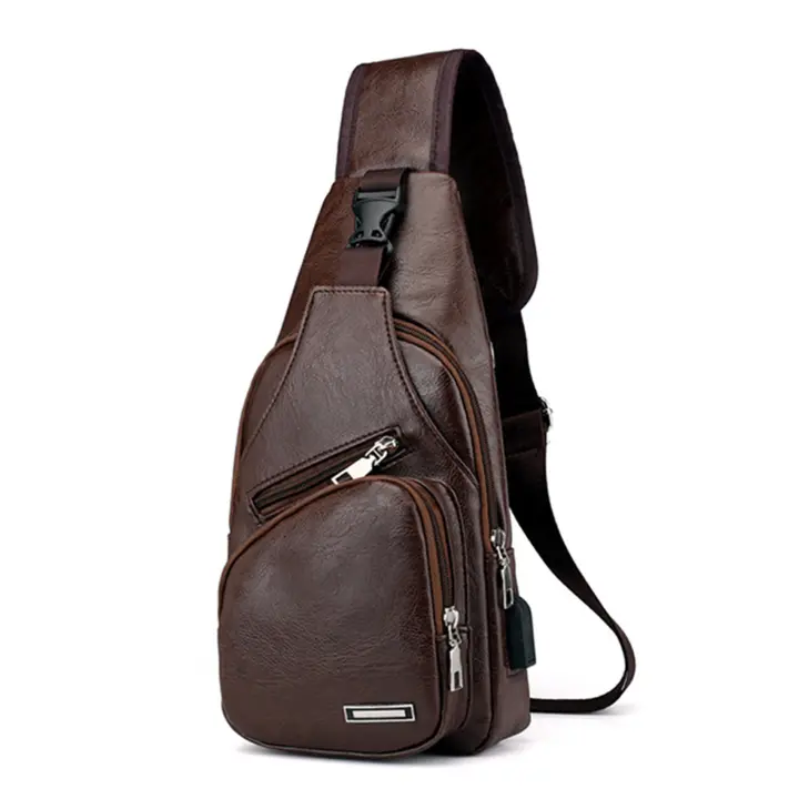 Bolso de hombro para hombre, recargable por USB, sencillo, moderno, type Bandolera, para el pecho, para Novio, Padre, Talla única, marron Oscuro, Talla única - 1