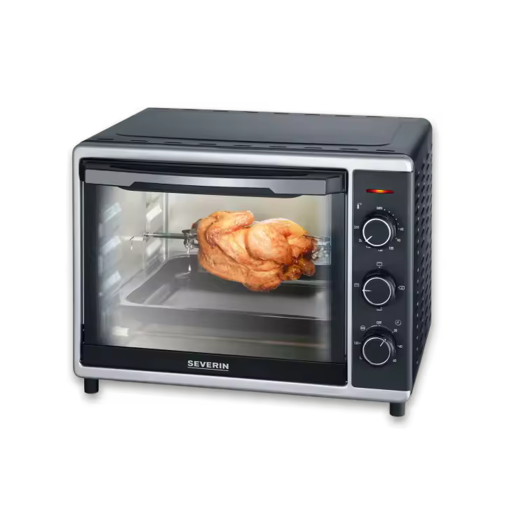 SEVERIN Horno tostador con función de convección, mini horno tostador con grill y recogemigas, horno pequeño con 1 bandeja de asado y asador giratorio, 1600 W, 30 L, negro, TO 2056 - 1