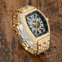 Reloj De Lujo Para Hombre Con Cristales Iced-Out Tonneau Dorado Reloj De Cuarzo Con Pulsera De Acero Inoxidable Moda Diamante Analog Clock - details 1
