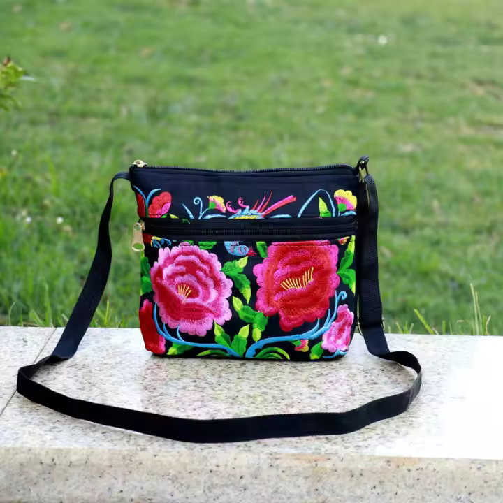 Nueva Bandolera De Hombro Para Mujer Estilo Étnico Con Bordado Tres Cremalleras Pequeño Bolso De Mano Casual De Lona Viaje - 1
