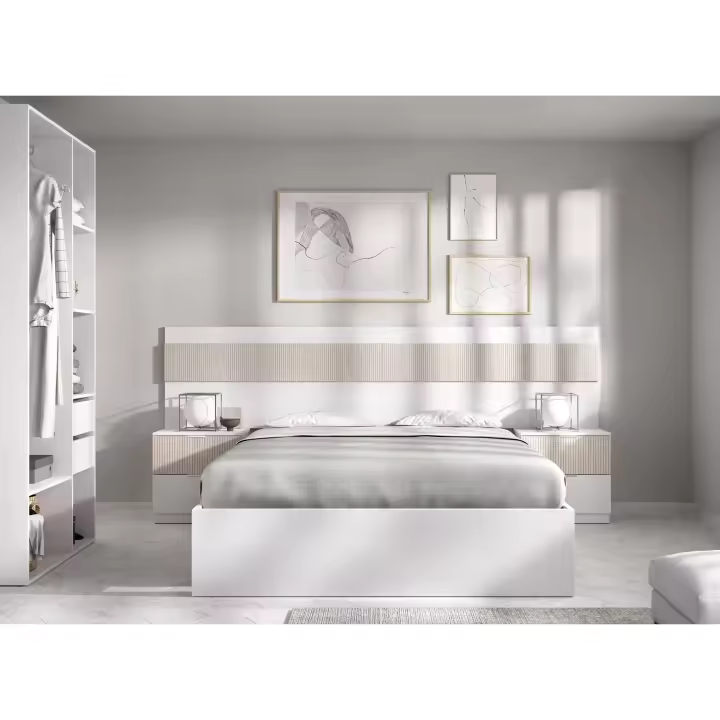 DEKIT GRUPO RIMOBEL BIANCA PACK - CONJUNTO DE CABEZAL CON DOS MESITAS DE 2 CAJONES, ARO CAMA 135/140X190 Y AMRARIO VESTIDOR - BLANCO ALISTONADO - 1