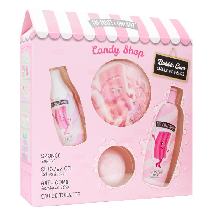 The Fruit Company Candy Shop Chicle de Fresa | Set de Baño con Gel de Ducha, Colonia, Bomba Efervescente y Esponja | Aroma Dulce y Divertido a Chicle de Fresa | Cuidado Corporal para Mujer y Niña | Fragancia Agradable y Cruelty Free