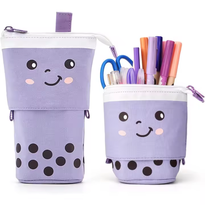 Estuche Escolar vertical con dibujo de Gato, estuche retrácthil de Lona, color Morado y lunares - 1