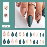 Juego De Uñas Postizas Press on Almendra 24Pcs Set Hojas Verdesoscuro Temperamento Dulce Uñas Artísticas Wearables Material Acrílico - details 1