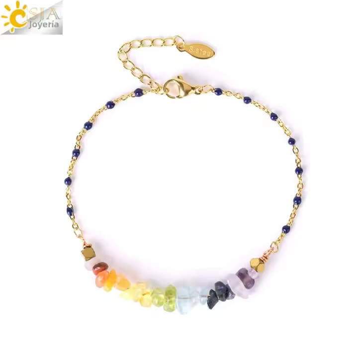 Pulsera De Cristal De 7 Chakras Para Mujer CSJA Con Cadena De Acero Inoxidable Y Pedrería Natural Amatista Pulsera De Moda J016 - 1