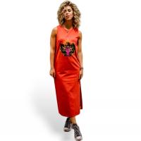 Vestido Maya Naranja de Mad Influence. Vestido recto naranja con ilustración frontal inspirada en la cultura Maya. - details 0