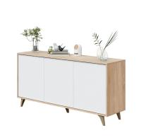 Meimon Aparador KIKUA PLUS de 3 puertas con estantes interiores, fabricado en tablero de partículas melaminizado E1, cantos en PVC, sistema de apertura push, bisagras metálicas, patas ABS en color del mueble, acabado Roble Canadian y Blanco Artik - details 0