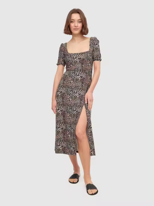 Vestido midi con estampado animal print, escote en caja, mangas cortas, espalda abierta con cintas, punto suave y fresco INSIDE - 1
