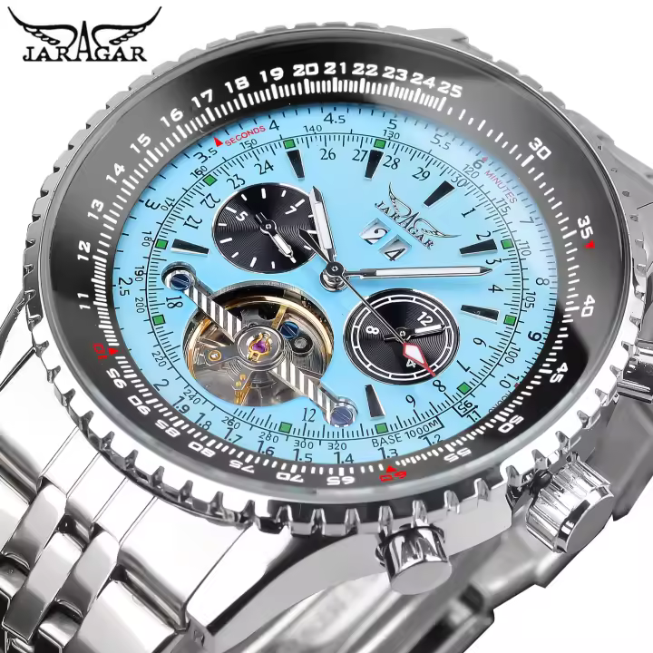 Reloj Mecánico Automático Para Hombre Jaragar Con Dial Azul Y Exhibición Del Día Correa De Acero Inoxidable Deportivo Militar - 1