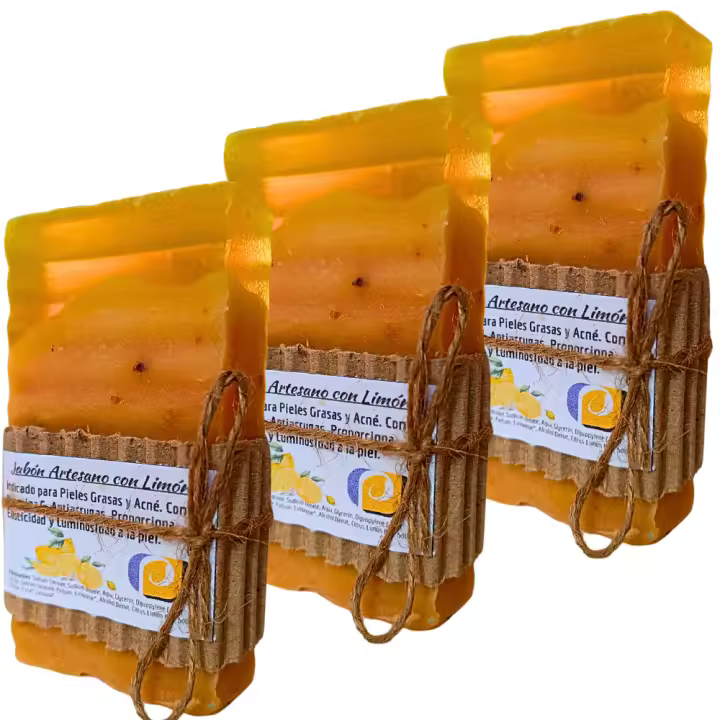 3 Jabones Artesanales Naturales de Limón. Pieles Grasas, Luminosidad, Antiséptico, Acné, Minimiza Manchas. Hecho a mano en España. Pumarshop Cinnia Natura. - 1