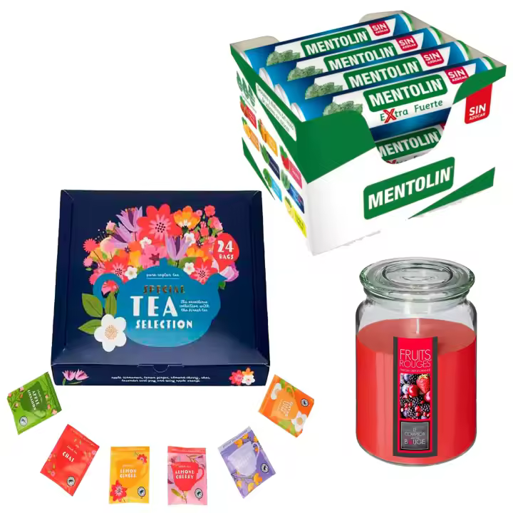 Pack relax: MENTOLIN EXTRA FUERTE S/A TUBO 12X20G + Vela perfumada de frutos rojos + Set de Te con 24 bolsitas con diferentes sabores y aromas - 1