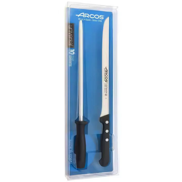 ARCOS Universal - Set Cuchillo Jamonero Flexible (240 mm) + Chaira (230 mm) - Hoja de Acero Inoxidable Nitrum® - Mango Negro de Polioximetileno (POM) - 1