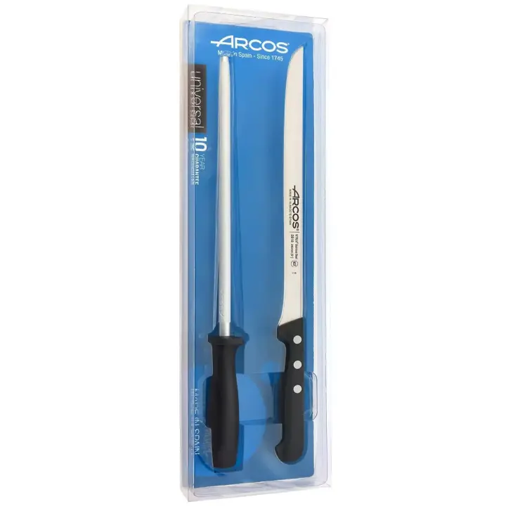 ARCOS Universal - Set Cuchillo Jamonero Flexible (240 mm) + Chaira (230 mm) - Hoja de Acero Inoxidable Nitrum® - Mango Negro de Polioximetileno (POM) - 1