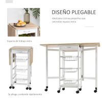 HOMCOM Carrito de Cocina Plegable Carrito Auxiliar con 6 Ruedas 1 Cajón y 3 Cesta de Metal Carro de Servicio Multifuncional para Almacenamiento Carga 50 kg 97,2x37x77,5 cm Blanco y Roble - details 3