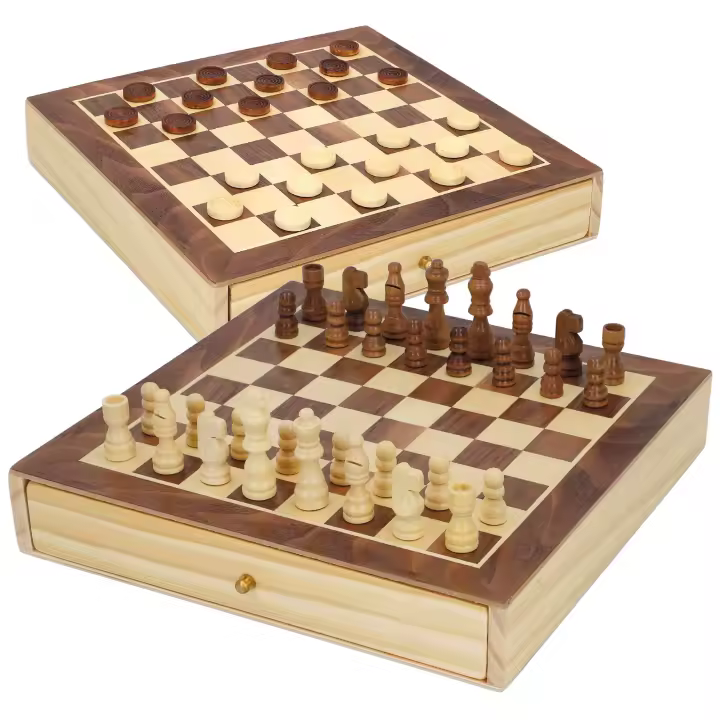 COLORBABY - Juego 2 en 1 de ajedrez y damas de madera, tablero 30x30 cm, set de 57 piezas, 2 jugadores, cajón de almacenaje, juguete educativo, ajedrez para niños y adultos, +6 años - 1