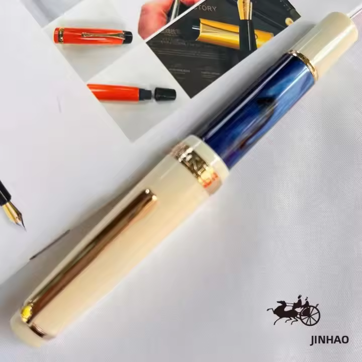 Bolígrafo De Tinta Jinhao 82 Mini En Acrílico Con Nib De Iridium Medio Y Convertidor De Tinta Azul Mar Adelante Corto Bolígrafo De Billetera Para Viajes Con Acabado Dorado - 1