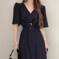 Vestido REALEFT Para Mujer Verano Otoño Manga Acolchada V-Neck Cinturón Frontal Cruzado Elegante Casual A-Line Midi Para Oficina - details 19