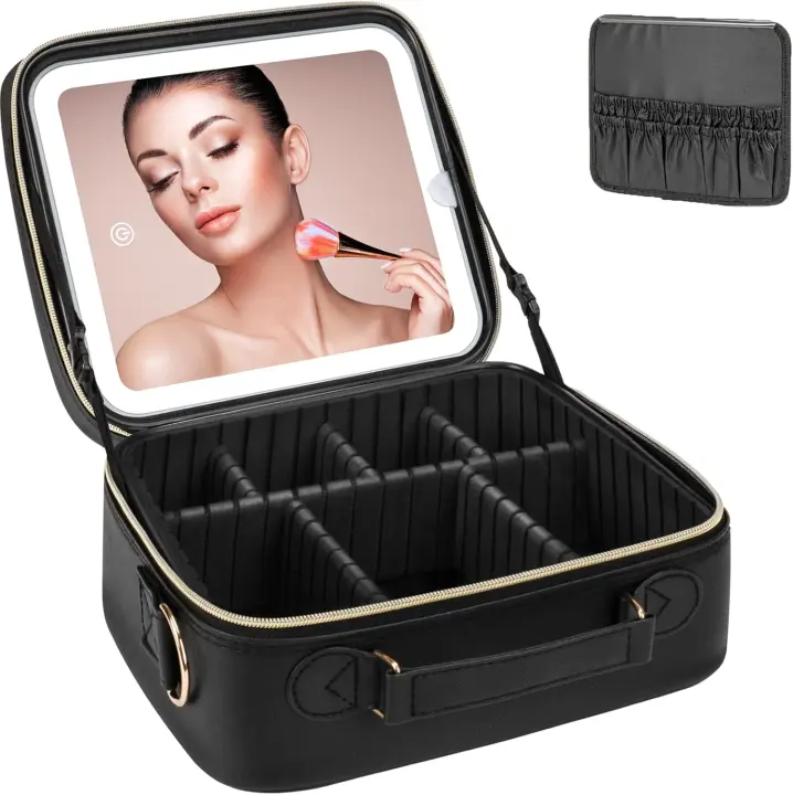 Bolsa Maquillaje con Espejo Iluminado, Neceser Maquillaje de luz LED, Organizador de Maquillaje Viaje, Maletin Maquillaje Estuche de Maquillaje . - 1