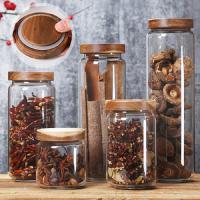 Frascos de vidrio para almacenamiento de alimentos, 1 piezas, contenedores de comida con tapa de madera de bambú hermética para galletas, nueces, granos de café, cereales, bote de vidrio - details 1