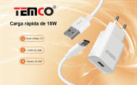 TEMCO Cargador Carga Rapida de Movil para Casa con Cable Tipo C 1m, Cargador USB con Cable opcional CARGADORES DE RED 18W + 1M CABLE TYPE C o Lightning 5V 3A 18W Cargador para Xiaomi Redmi, Huawei, Samsung, Oppo, Oneplus - details 2