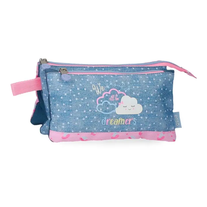 Estuche triple Enso We should all be dreamers en tonos pastel azul y rosa con nubes 22 x 12 x 5 cm - dos compartimentos cerrados con cremallera y un bolsillo frontal para mejorar la organización - asa lateral - diseño divertido y multicolor - 1