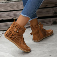 Botines De Otoño Para Mujer Zapatos Planos Botas De Tobillo Retro En Cuero Suelto Con Borlas Punta Redonda Suave Casual - details 22