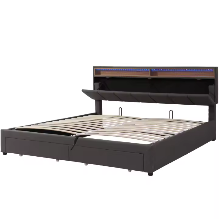 Cama Tapizada 180x200 cm con LED, Almacenaje Hidráulico, Cajones y Cabecero con Compartimentos, Gris - 1