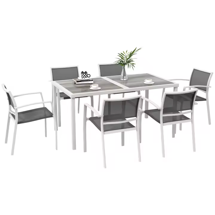 Outsunny Conjunto de Comedor de Exterior Juego de Comedor de Jardín de 7 Piezas con 1 Mesa y 6 Sillas Apilables Estilo Moderno para Terraza Patio Blanco y Gris - 1