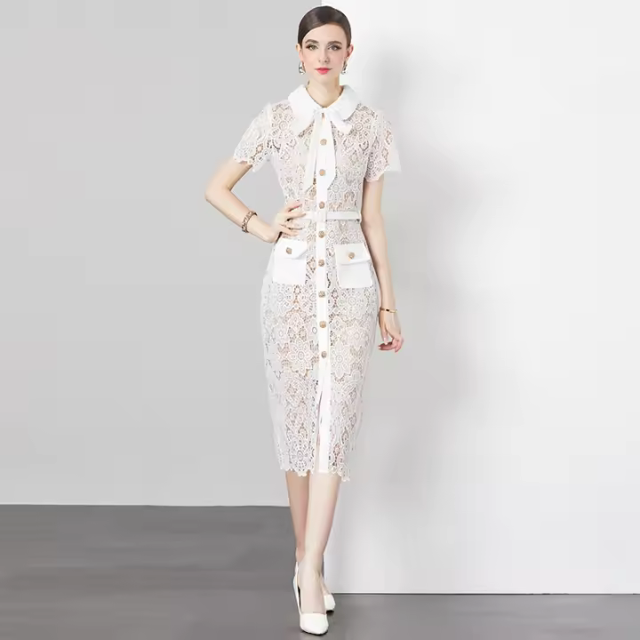 Vestido De Mujer Verano Corto Manga Tirantes Cuello Enrollado Blanco Lace-up Vestido De Oficina Lady Silueta Recta Midi Polyester - 1