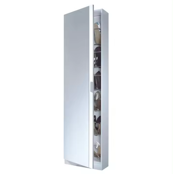 Meimon Zapatero de 1 puerta con espejo y capacidad para 16 pares de zapatos, acabado en blanco brillo, con varillas extraíbles para soporte, bisagras metálicas, tirador gris aluminio y fijación a pared. Medidas del mueble: 180x50x20 cm - 1