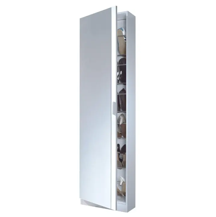 Meimon Zapatero de 1 puerta con espejo y capacidad para 16 pares de zapatos, acabado en blanco brillo, con varillas extraíbles para soporte, bisagras metálicas, tirador gris aluminio y fijación a pared. Medidas del mueble: 180x50x20 cm - 1