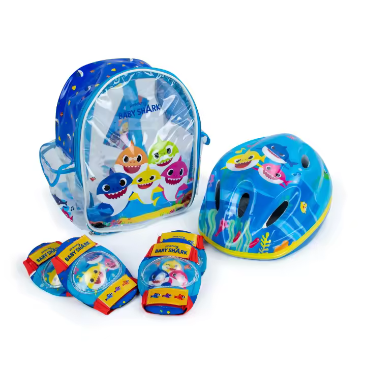 Mochila de Casco y Protecciones, con diseños exclusivos de Baby Shark (4603) Incluye divertida mochila. Protecciones para rodillas y codos. Set para principiantes. Calidad al mejor precio. De acuerdo a la normativa CE. +3 años - 1