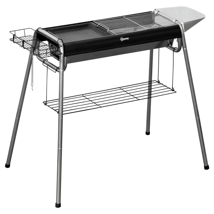 Outsunny Barbacoa de Carbón Barbacoa Portátil con Parrilla de Acero Inoxidable Bandeja Especiero y Estante de Almacenamiento para Jardín Camping 96x61x72 cm Negro - 1