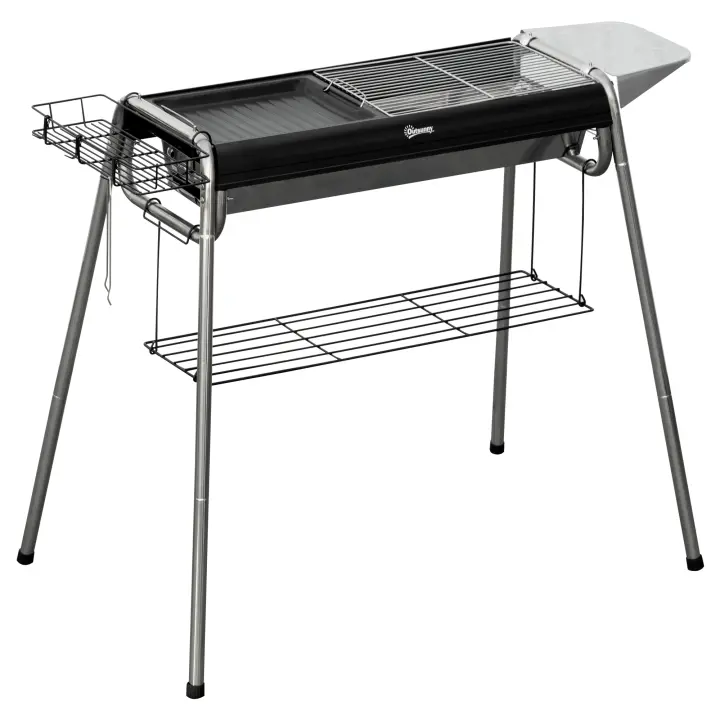 Outsunny Barbacoa de Carbón Barbacoa Portátil con Parrilla de Acero Inoxidable Bandeja Especiero y Estante de Almacenamiento para Jardín Camping 96x61x72 cm Negro - 1