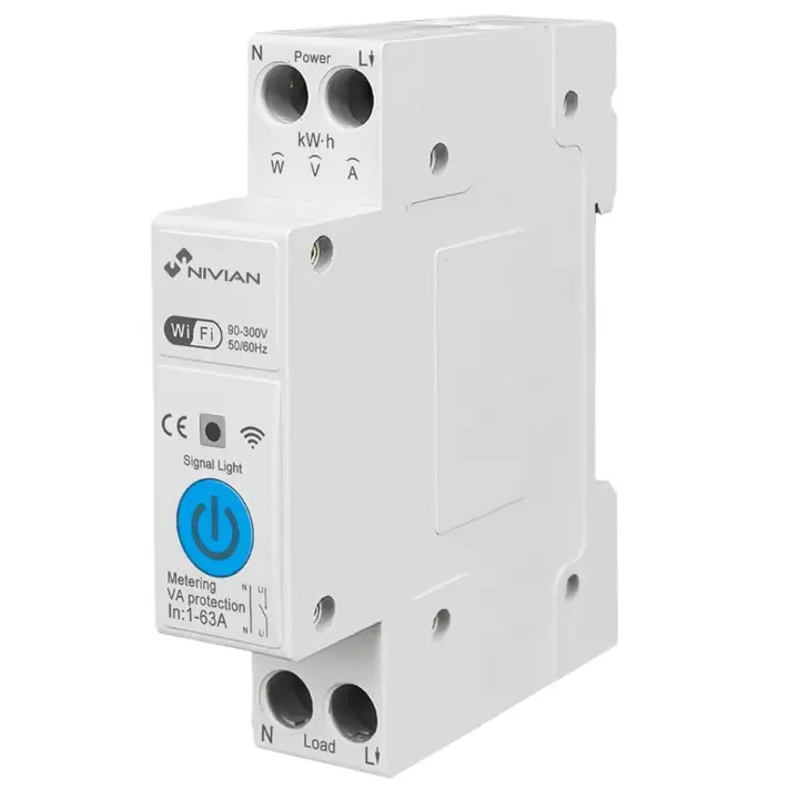 Interruptor Carril DIN WiFi con Medidor de Consumo Nivian Smart Home – Control Remoto por App, Protección Eléctrica 1-63A, Automatizaciones, Alexa y Google - 1