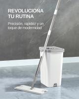 newty Mopa Cubo Escurridor Fregona Plana Drenaje 6 Almohadillas Doble Compartimentos Escurre Fácil Mop Bucket Trapeador Set para Limpieza Suelos Azulejos Tarima Madera Mango Ergonómico Atrapa Polvo Ventanas   Palo Largo de 152 cm Alcanza Todos los Lugares - details 0