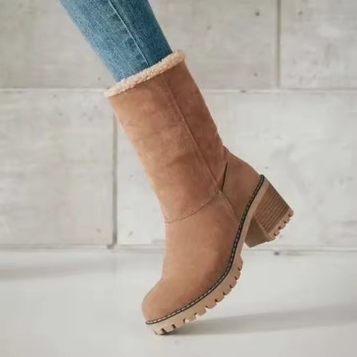 Botas De Mujer De Terciopelo Cómodo Y Caliente Con Tacón Cuadrado Y Punta Redonda Color Sólido Moda Invierno Botines De Tacón Bajo - 1