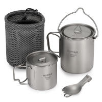 Juego De 3 Piezas De Titanio Ligero Con Olla De 750ml Taza De Agua De 450ml Cuchara Plegable Y Manija Collapsible Para Camping - details 0