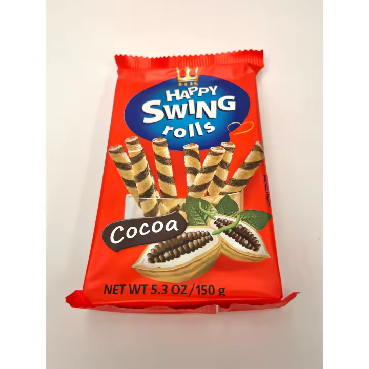 BARQUILLOS RELLENOS HAPPY SWING ROLLS SABOR A CACAO CAJA 16 PAQUETES x 150 g. - 1