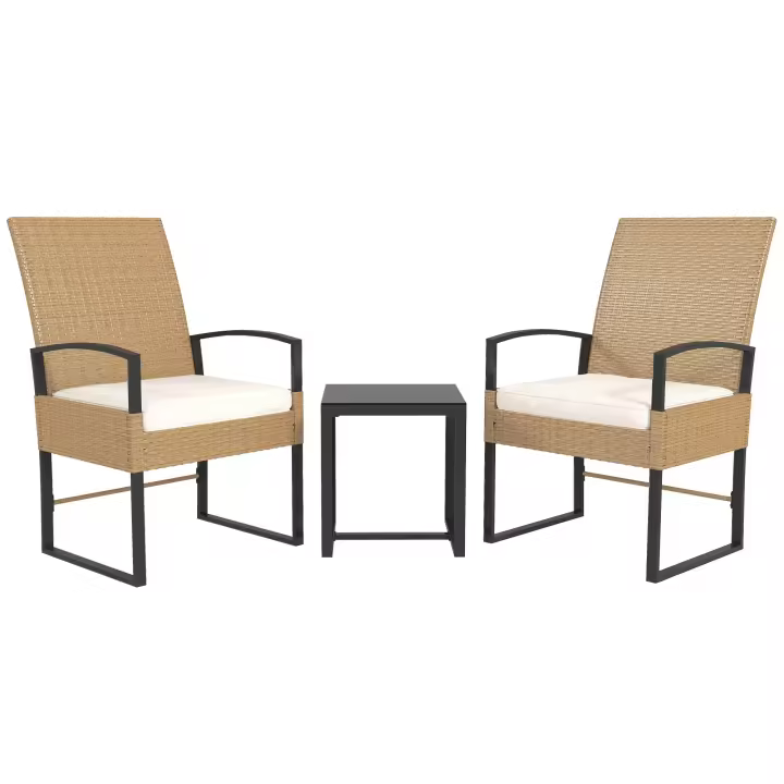 Outsunny Conjunto de Jardín Exterior de 3 Piezas con Respaldo Ajustable Juego de 2 Sillas y Mesa de Ratán con Cojines Acolchados y Encimera de Vidrio Templado para Balcón Terraza Beige y Blanco - 1