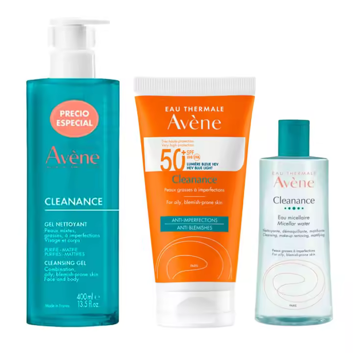 Rutina Avene Cleanance Gel Limpiador 400 Ml + Avene Solar Spf50+ Cleanance 50 Ml + Regalo Agua Micelar 100 Ml Pack W - 1