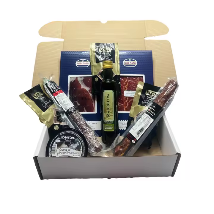 Vemosa Caja Gourmet para Regalar  Lote Regalo Embutidos Ibéricos  Jamón, Caña de lomo, Salchichón y Chorizo Ibérico de bellota, Aceite de Oliva Virgen Extra, y Picos Rústicos Obando, Cesta Regalo. - 1