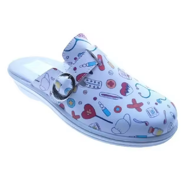 Mº9796 BLANCO ZUECO DE MUJER DIBUJOS MEDICOS MARCA PERCLA SIN TALON Y CON  HEBILLA EN LA PALA  MUY FACIL DE PONER Y QUITAR EN PIEL  Y SUELA DE PVC IDELA PARA TRABAJO Y PARA TODO TIPO DE SITUACIONES - 1