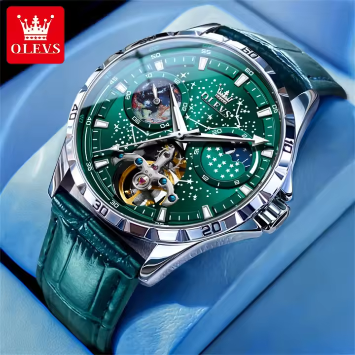 Reloj Mecánico Automático Para Hombre OLEVS Luminoso Resistente Al Agua Con Fase Lunar Y Múltiples Funciones Acero Inoxidable Sin Numeración - 1